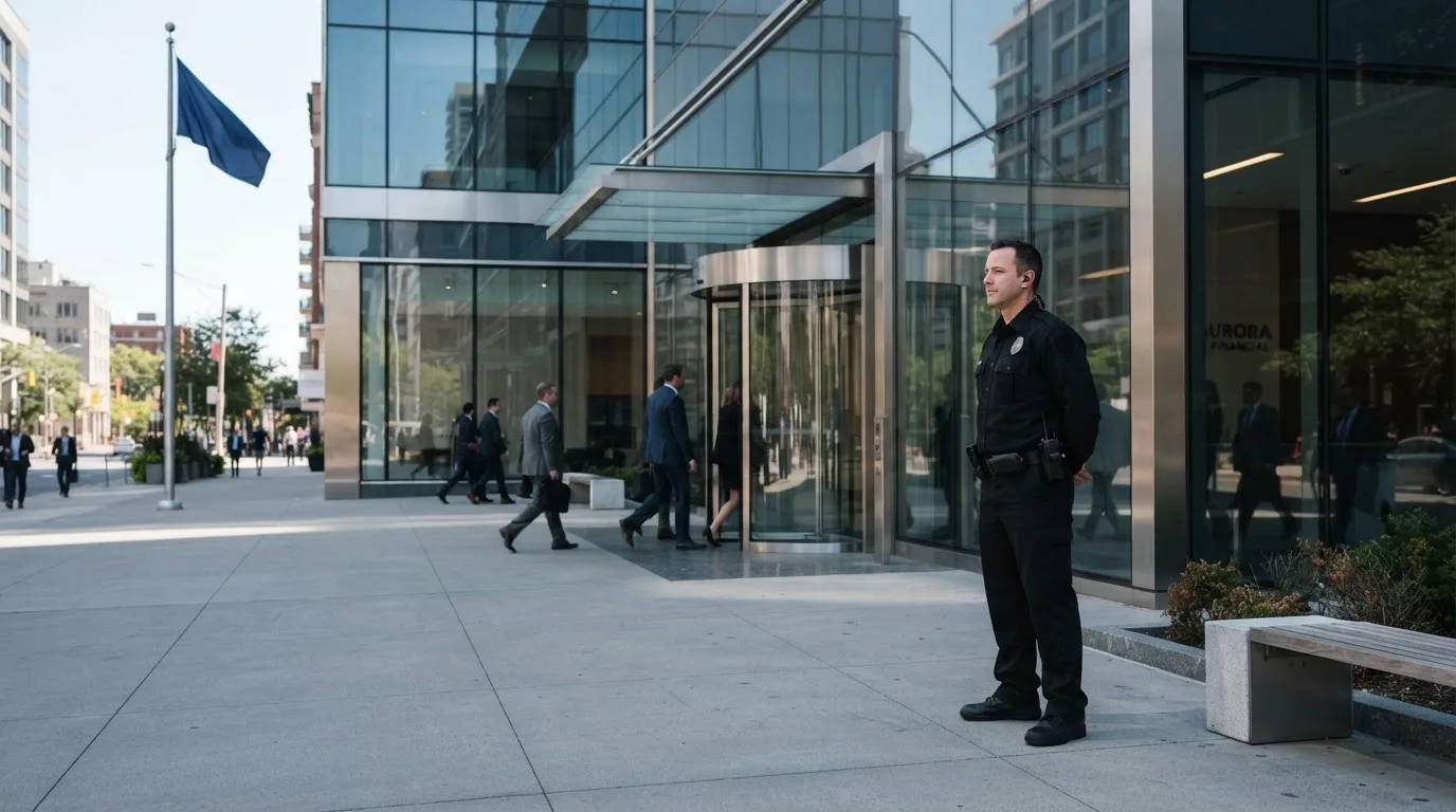 Un agente di sicurezza in uniforme osserva l'ingresso di un edificio moderno di giorno.